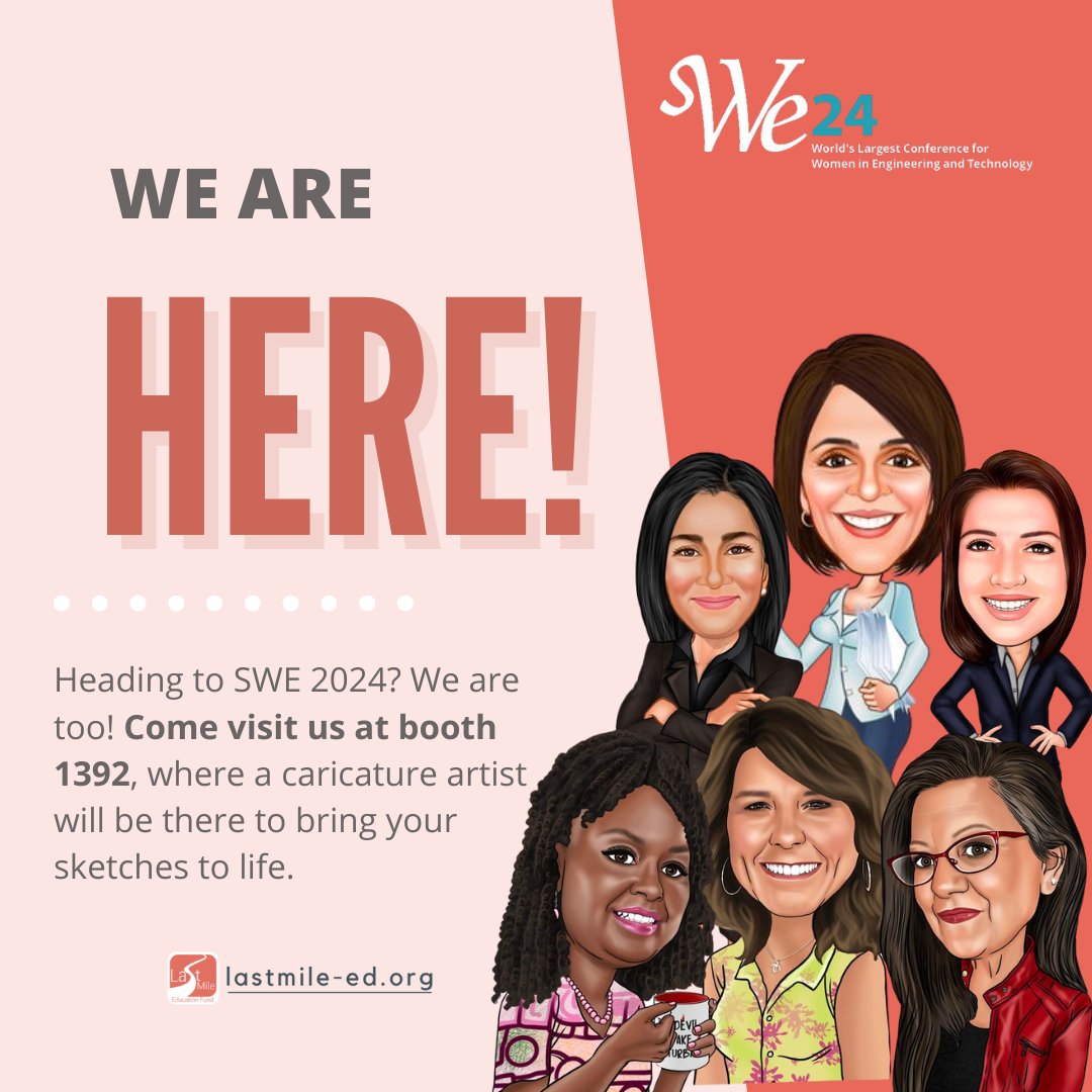 Pulling up to #SWE2024? Say less, we got you! 🔥 Slide through booth 1392 for a caricature that’ll have you saying, "Wait, that’s me?!" 👀✨ While you're there, let’s talk about how Last Mile Education Fund offers REAL financial support to help #tech students level up. 💸🚀