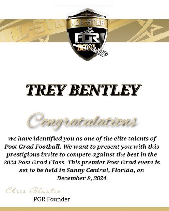 Trey Bentley (@treybentley11) on Twitter photo Blessed to have been invited to compete at <a href="/PostGradRecruit/">PostGradRecruits INC.</a> Allstar camp!
<a href="/CoachGlassATL/">Coach Brandon Glass</a> @APACoachT Blessed to have been invited to compete at <a href="/PostGradRecruit/">PostGradRecruits INC.</a> Allstar camp!
<a href="/CoachGlassATL/">Coach Brandon Glass</a> @APACoachT