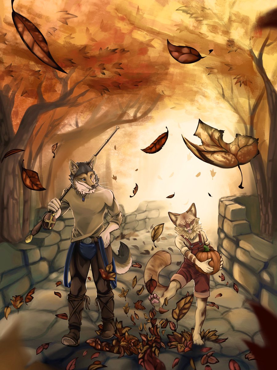 scratchelcharge's tweet image. Two friends strolling through the autumn woods. Back in the days when the burdens of the world were as light as the leaves falling on their shoulders.