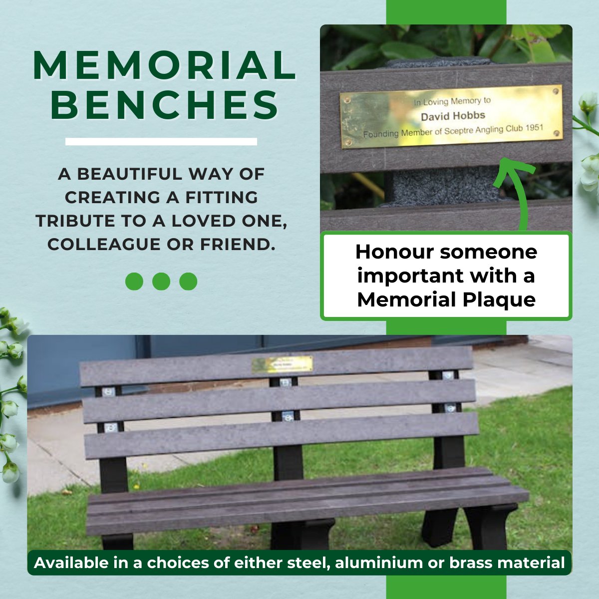 Honour the memory of a loved one with our beautifully crafted memorial benches. 💚

A lasting tribute that stands the test of time. 🌿✨

View our full range via the link below:
recycledfurniture.co.uk/Memorial

#NBBRecycledFurniture #MemorialBench #MemoryBenches #RecycledPlastic #Plaques