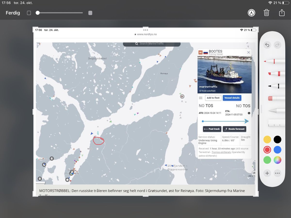 Tom_Haagensen's tweet photo. @WarshipCam A Russian fishing trawler has engine problems, just a mile from where  a US sub berthed earlier today…( red circle) outside Tromsø, Norway…coincidence? https://t.co/YOwvMUgFxA