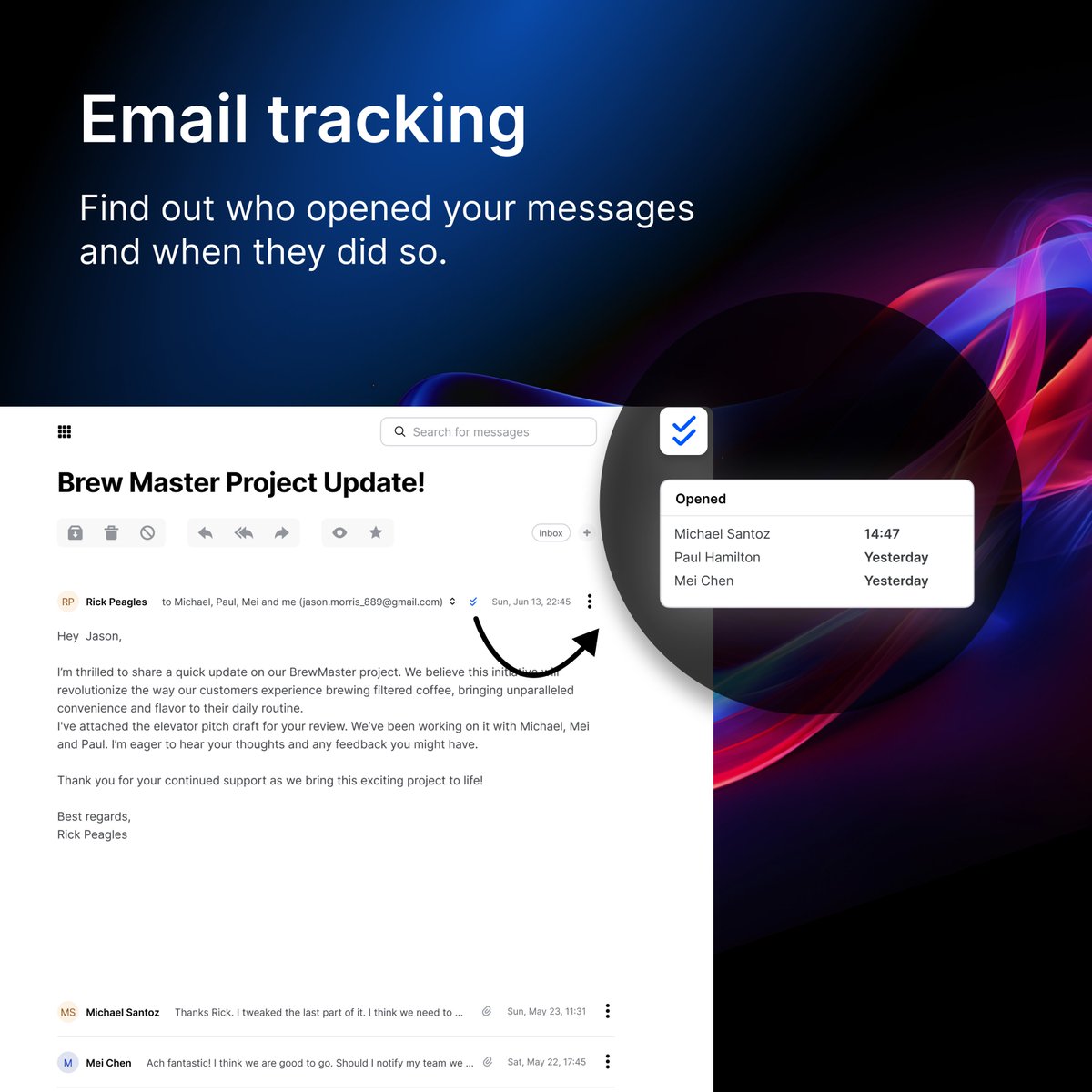 mailbird's tweet image. Are you wondering if your email recipients opened your message? 📬 Should you write a follow-up email or is it too soon? Stop wondering.

With Mailbird for Mac’s email tracking, you can see who opened your messages and when they did so. #Emailtracking  bit.ly/4dNnilF