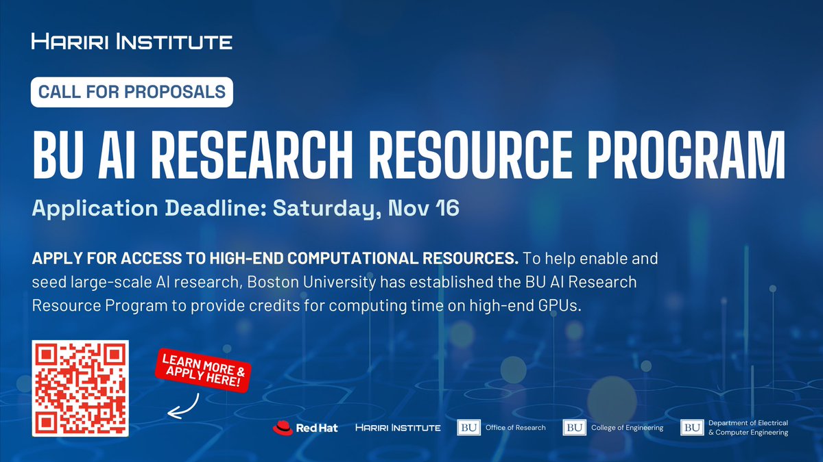 Office of Research, Boston University (@bostonuresearch) on Twitter photo Calling BU researchers working in #AI: <a href="/BU_Computing/">Hariri Institute for Computing, Boston University</a> + <a href="/BostonUResearch/">Office of Research, Boston University</a> has established the BU AI Research Resource Program to provide credits for computing time on high-end GPUs.
BU researchers, apply for access to the computational resources by 11/16: bu.edu/hic/bu-airr/ Calling BU researchers working in #AI: <a href="/BU_Computing/">Hariri Institute for Computing, Boston University</a> + <a href="/BostonUResearch/">Office of Research, Boston University</a> has established the BU AI Research Resource Program to provide credits for computing time on high-end GPUs.
BU researchers, apply for access to the computational resources by 11/16: bu.edu/hic/bu-airr/