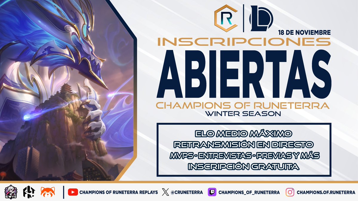 🔹 ¡CHAMPIONS OF RUNETERRA WINTER SEASON ESTÁ DE VUELTA! 🔹

A partir de hoy están abiertas la inscripciones hasta el 18 de Noviembre, día que empezará la competición ¡Hay plazas limitadas! 🏆

🔵 Formulario de Inscripción
forms.gle/uqLXFkEJBzGYdM…