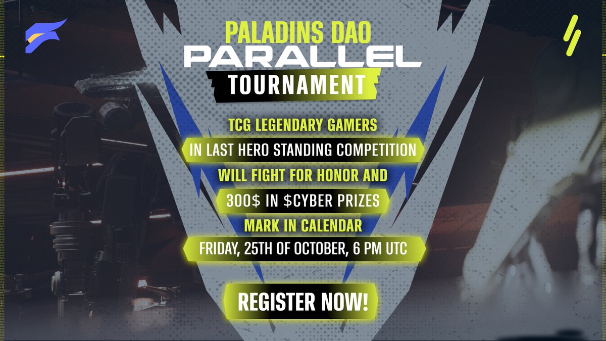 Paladins, <a href="/ParallelTCG/">Parallel</a>  Tournament Incoming!

We’re expanding the PaladinsDAO esports team for Parallel TCG!
Ready for the first of many competitions?

When: 25th of October, 6 PM UTC
Hosts: <a href="/Tony_playz_/">Tony //</a> from Paladins Parallel Competitive Team &amp; <a href="/DigitStakGamer/">DigitStak</a> 
Duration: ~120