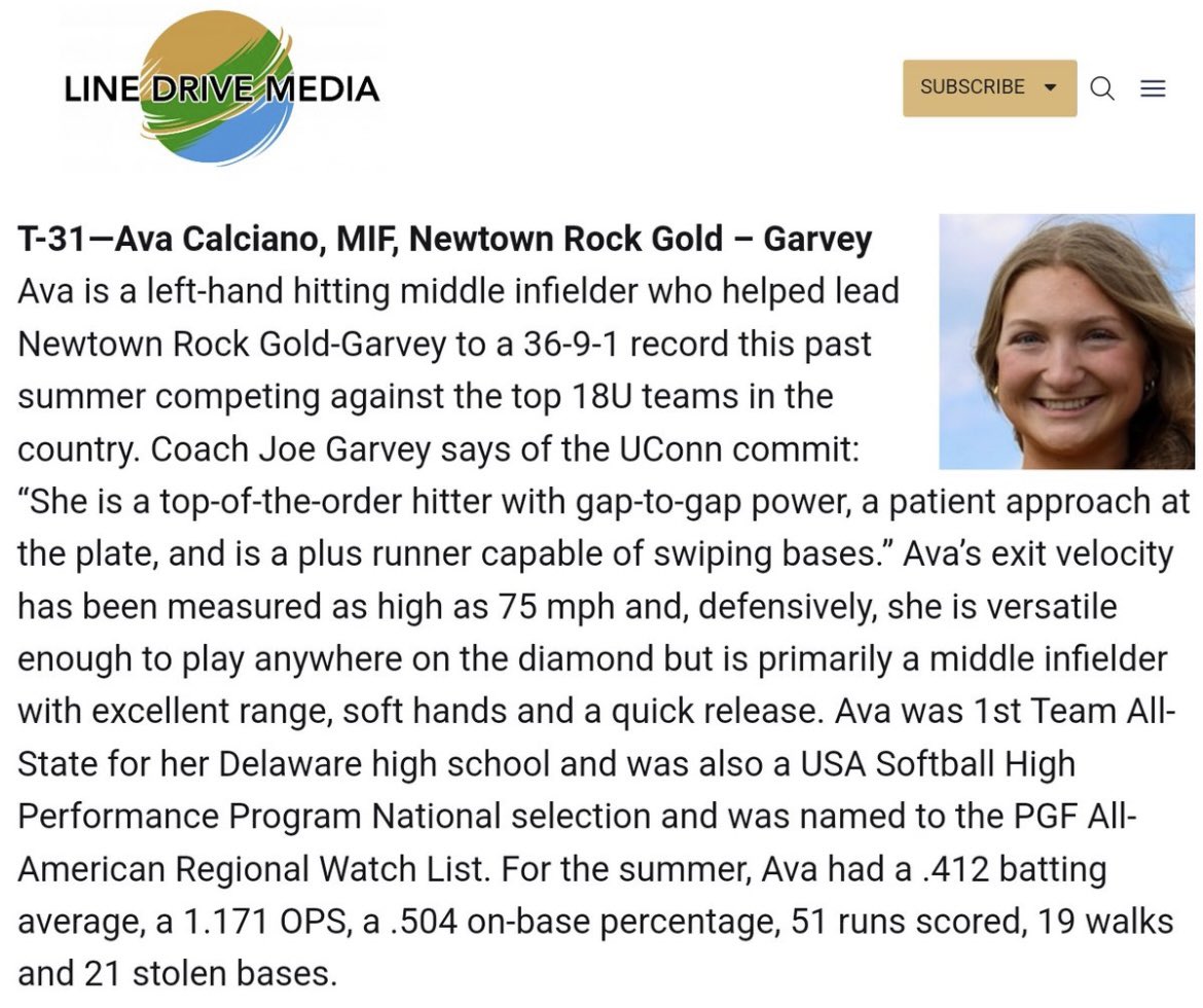 Ava Calciano 2025 SS/2B (@avacalciano6) on Twitter photo Thank you <a href="/LineDsoftball/">Line Drive Media</a> for your Top 100 selection! Honored to be recognized along with my <a href="/GoldGarvey/">Newtown Rock Gold- Garvey</a> teammates & other talented players from across the country! <a href="/CoachVUCONN/">Laura Valentino</a> <a href="/CoachMacUCONN/">Mackenzie Keyes</a> <a href="/ggotgame45/">Giselle ‘G’ Juarez</a> <a href="/BuschgansAshley/">Ashley Buschgans</a> Thank you <a href="/LineDsoftball/">Line Drive Media</a> for your Top 100 selection! Honored to be recognized along with my <a href="/GoldGarvey/">Newtown Rock Gold- Garvey</a> teammates & other talented players from across the country! <a href="/CoachVUCONN/">Laura Valentino</a> <a href="/CoachMacUCONN/">Mackenzie Keyes</a> <a href="/ggotgame45/">Giselle ‘G’ Juarez</a> <a href="/BuschgansAshley/">Ashley Buschgans</a>