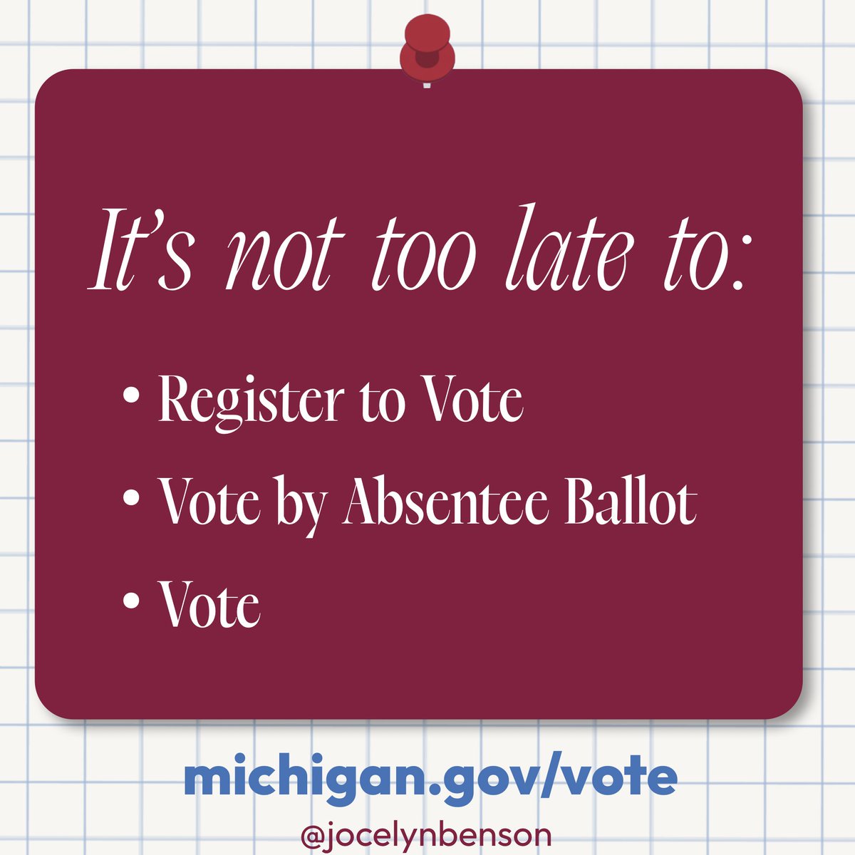 There are less than 2️⃣ weeks till Election Day, but it’s not too late to register to vote, vote by absentee ballot, and VOTE! However you decide to vote and when, all the information you need is at Michigan.gov/vote! 🗳️ #mivotematters