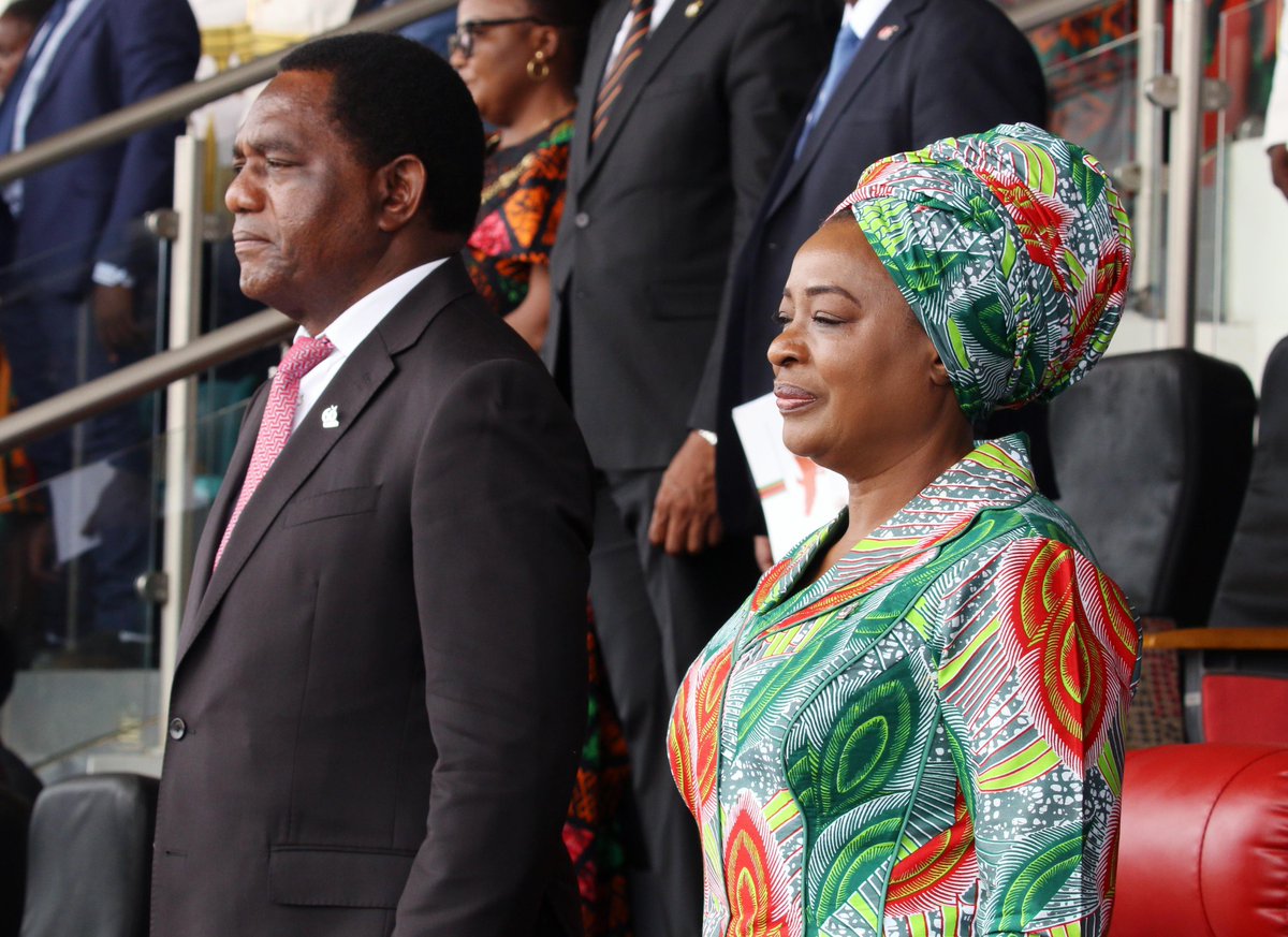 MrsHichilema's tweet image. Today, we joined fellow Zambians to mark our country’s Diamond Jubilee celebrations. It was an honour to witness the Investiture Ceremony where gallant citizens were recognised for their outstanding contributions to 🇿🇲. We remain united as &quot;One #Zambia, One Nation, One People&quot;