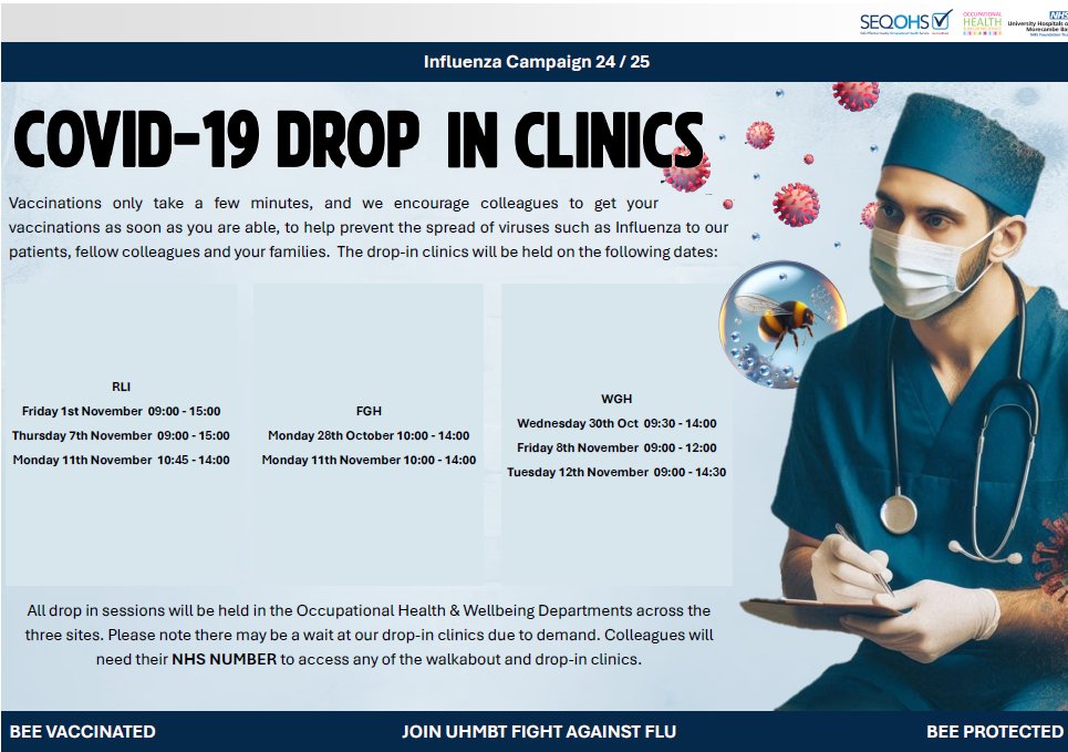 UHMBTOccHealth (@uhmbt_occhealth) on Twitter photo New Covid-19 vaccination drop in clinic dates for our colleagues <a href="/UHMBT/">MorecambeBayNHSTrust</a> Please note there may be a wait at our drop in clinic due to demand, you will also need your NHS number to access the drop in #BeeVaccinated #BeeProtected 🐝 New Covid-19 vaccination drop in clinic dates for our colleagues <a href="/UHMBT/">MorecambeBayNHSTrust</a> Please note there may be a wait at our drop in clinic due to demand, you will also need your NHS number to access the drop in #BeeVaccinated #BeeProtected 🐝