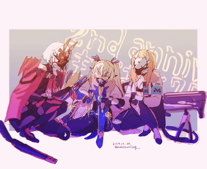 フル装備で武器を横っちょに置いて花火してた2周年カウントダウンイラストがかわいすぎたので、せっかくだからマクスウェルも揃って仮面装備で花火してるメティスのらくがきですありがとう、メティスカウントダウンイラスト……#NIKKE 