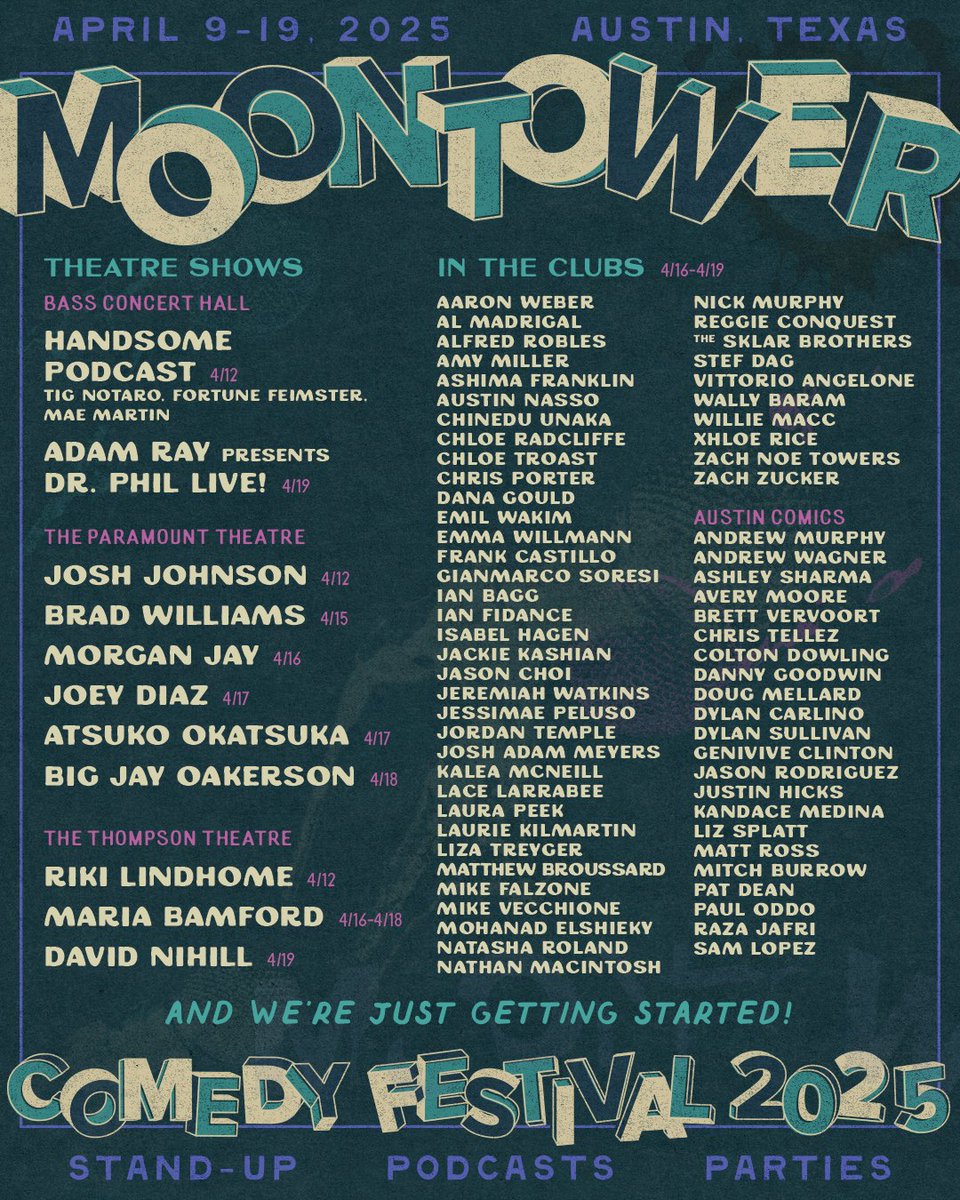 Round ONE of Moontower Comedy Festival 2025 is HERE baby 🙌 Featuring top touring acts, cult favorites, and local legends, we’re bringing TWO FULL WEEKS of comedy this April 9-19. Grab badges before Nov 12 for exclusive perks! 

🎫 bit.ly/3BYzMtz