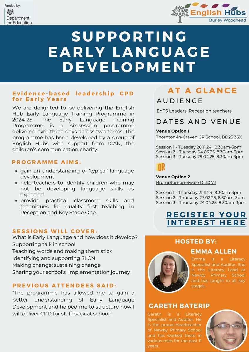 Limited places still available in person, or online,  at our evidence based leadership CPD for Early Years.  Contact us at englishhub@burleywoodhead.com