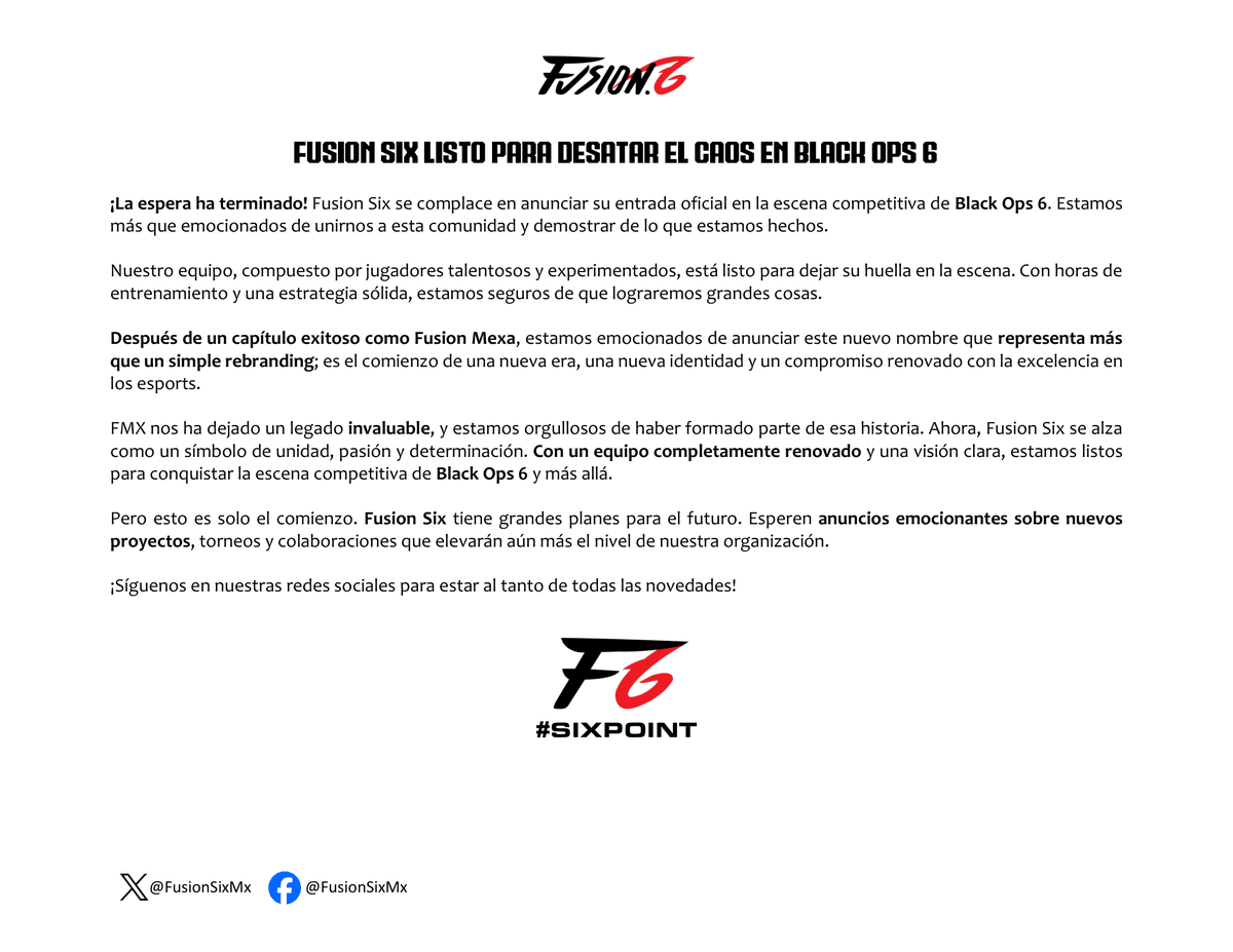 FusionSixMx's tweet photo. C O M U N I C A D O   O F I C I A L :

A toda la comunidad de #CallofDuty, es nuestro deseo y nos complace emitir el siguiente comunicado.

Muy pronto lanzaremos las convocatorias correspondientes, siguenos en nuesrtras RRSS!

Se vienen cosas muy padres.

#SixPoint #BlackOps6 https://t.co/yFqyvBRktl