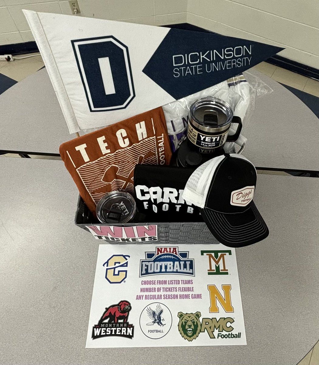 NAIA GAME DAY BASKET!!! 
<a href="/Townsendk12/">Townsendk12</a> Dig Pink night fundraiser! Chance to win tickets to a home game of your favorite Montana Frontier Conference team or Dickinson State! <a href="/FootballCarroll/">Carroll College Football</a> @UMWFootball <a href="/MonTechFootball/">Montana Tech Football</a> <a href="/Rocky_Football/">Rocky Football</a> <a href="/MSUNLightsFB/">Northern Lights Football</a> <a href="/BlueHawkFB/">Dickinson State Football</a> 
#NoOneFightsAlone