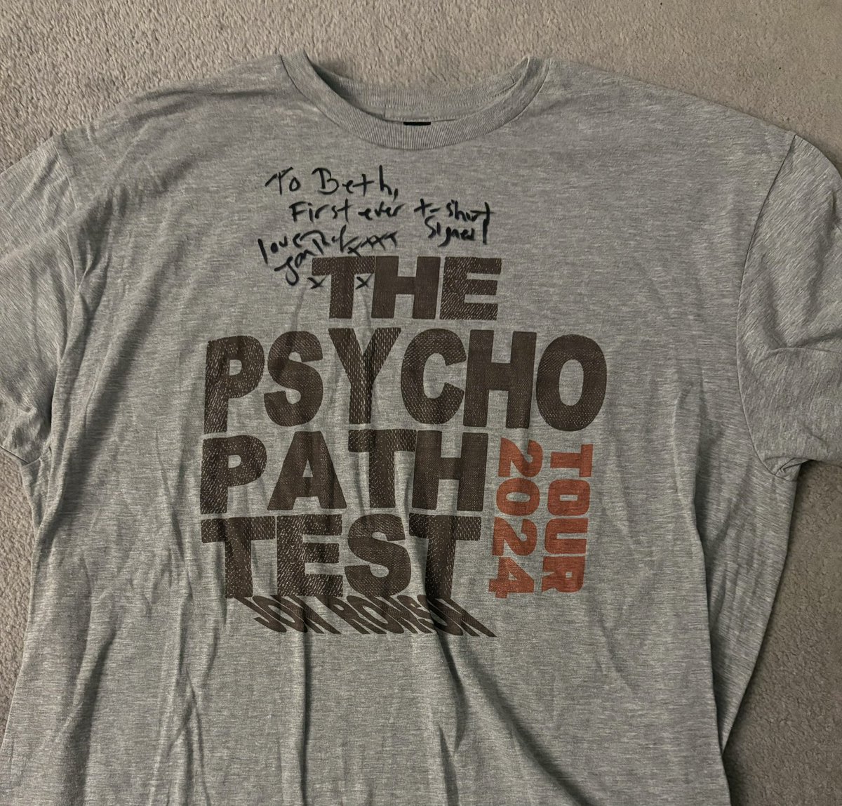 Bhiffy's tweet photo. Proud owner of the FIRST EVER signed #PsychopathTest T Shirt. Bet it starts a trend haha. That’s getting framed!! @jonronson https://t.co/pPwvHR7GrD