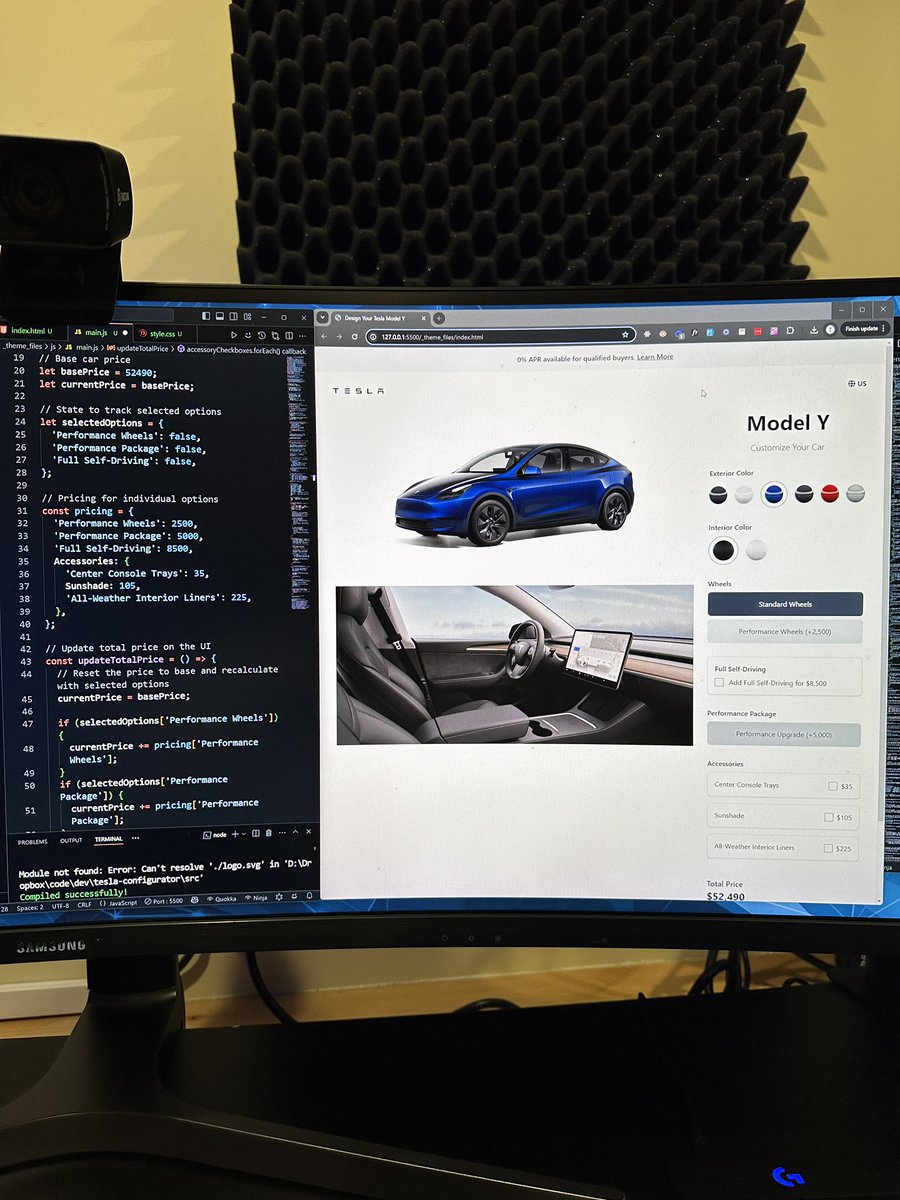 traversymedia's tweet photo. Been having insomnia lately. I decided not to just lay in bed and toss and turn so I got up and created this Tesla car configurator UI with vanilla JS last night 😊 I will start recording for youtube tomorrow. Ill do a React version as well. https://t.co/VYqVkt5Fhe