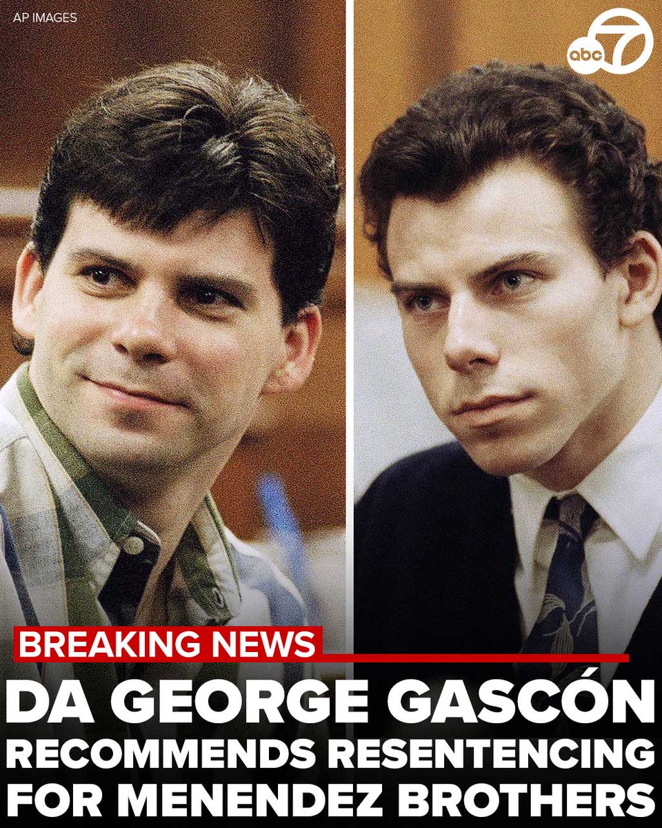 ABC7's tweet photo. #BREAKINGNEWS: District Attorney George Gascón recommends Erik and Lyle #Menendez be #resentenced for the 1989 killings of their parents in the family’s Beverly Hills home, providing the brothers with a chance at freedom after 34 years behind bars. 

https://t.co/nC490IBANj https://t.co/BeqvZ3f7B1