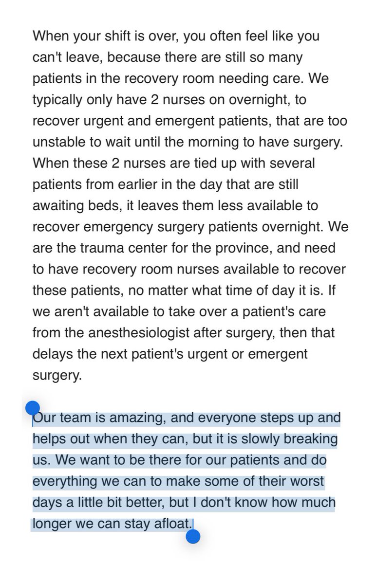 SUNnurses's tweet photo. “Staff are frequently working 16hr night shifts,because there is often no place for our patients to go... Some patients end up staying in the recovery room for greater than 24hrs after surgery. We are sometimes discharging patients home, straight from the recovery room.” #skpoli https://t.co/IFijIb9Llp