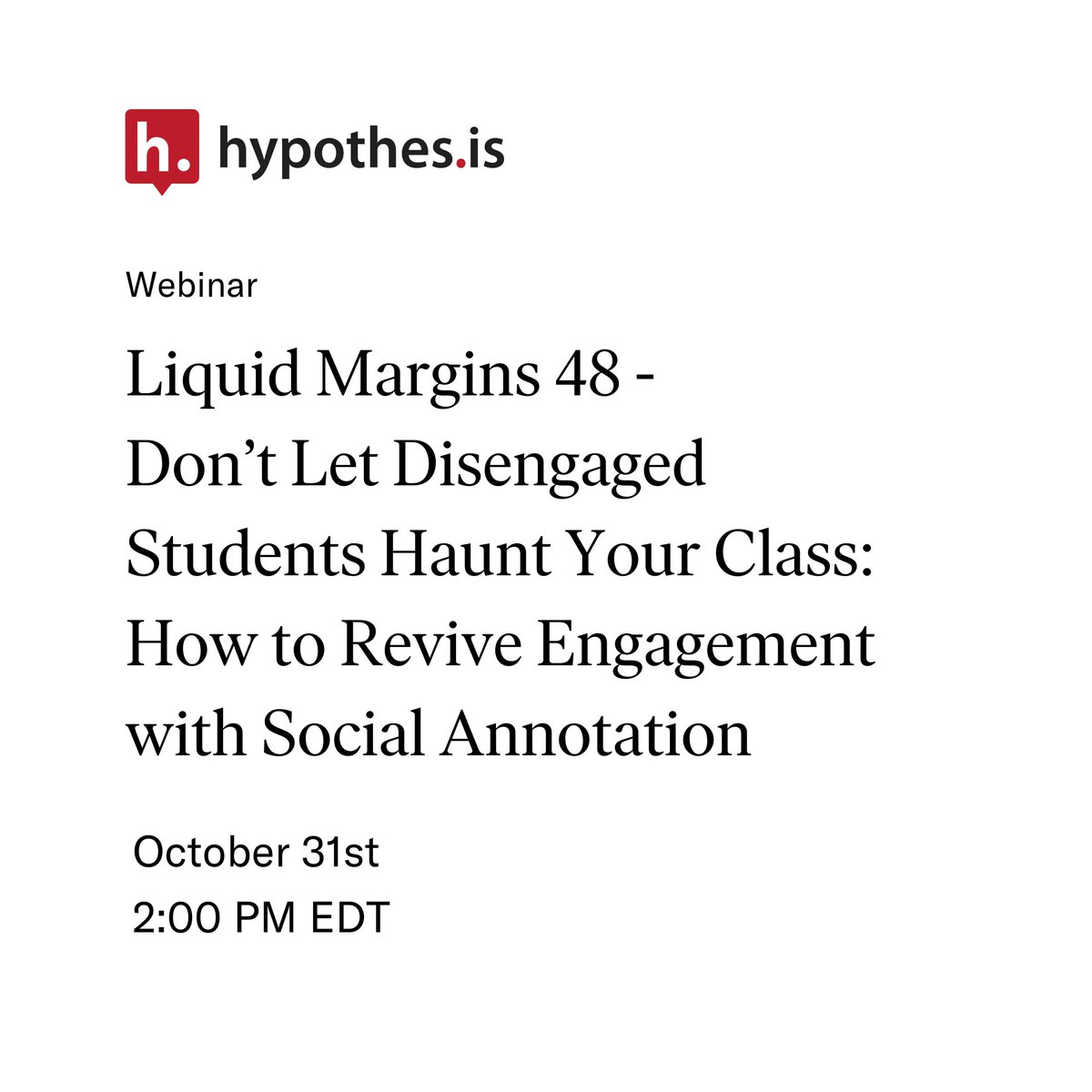 JSTOR's tweet image. What is #SocialAnnotation, and how can it help foster student engagement? Fellow educators will tell you practical tips in the upcoming webinar hosted by @hypothes_is on next Thursday 10/31, 2 PM EDT.

🔗 Register today: bit.ly/4eRK8d6