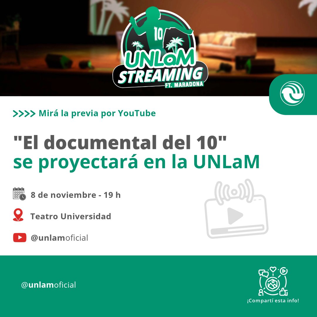 UnlamOficial's tweet photo. ⚽ "El documental del 10" llega a la UNLaM ⚽
📽️ El viernes 8 de noviembre a partir de las 20 horas vas a poder disfrutar de la producción realizada por el cineasta Damián Originario y dirigida por Lucas Costa.
#UNLaM #Streaming #Teatrouniversidad #Eldocumentaldel10 https://t.co/kQPXKIkDhW