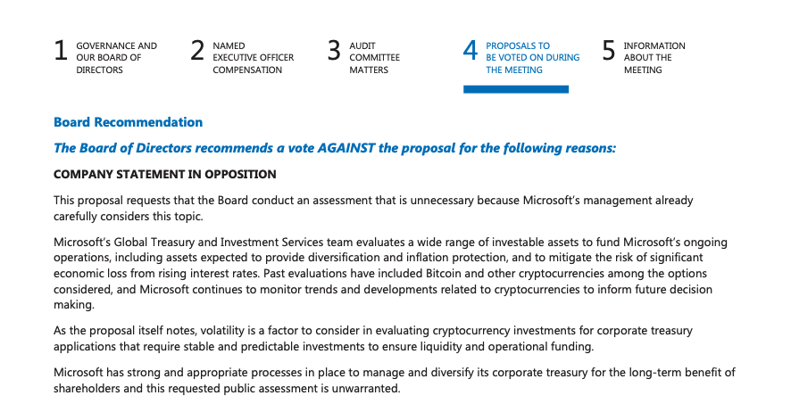 tier10k's tweet photo. Context:

Proposal made by somewhat whacky 'Project 2025' advisory board member think tank

MSFT board recommends voting against because they already 'evaluate a wide range of investable assets' incl Bitcoin https://t.co/xt585a6deS