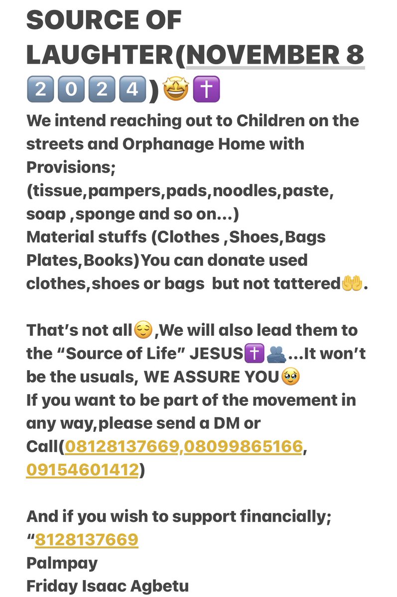 friday_agbetu's tweet photo. SOURCE OF LAUGHTER 2024 OUTREACH🤩🎉✝️(NOVEMBER 8, 2024.)
We are a body with the burden of putting smiles on the faces of lovely children out there, especially orphans and the less privileged. 

1st Slide: 2021
2nd Slide:2022
3rd  Slide: 2023
4th  Slide: Intentions for 2024… https://t.co/aXK3glNsu2