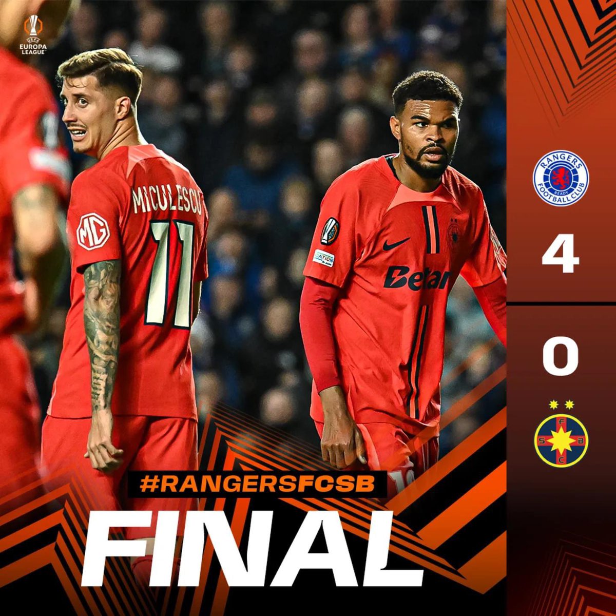 FCSB_ENG's tweet photo. ⏱️Full Time|

⚽️Lawrence 10', Cerny 31',55', Igamane 71'

#WeAreSteaua #UEL #RangersFCSB https://t.co/IChYwCAxjl