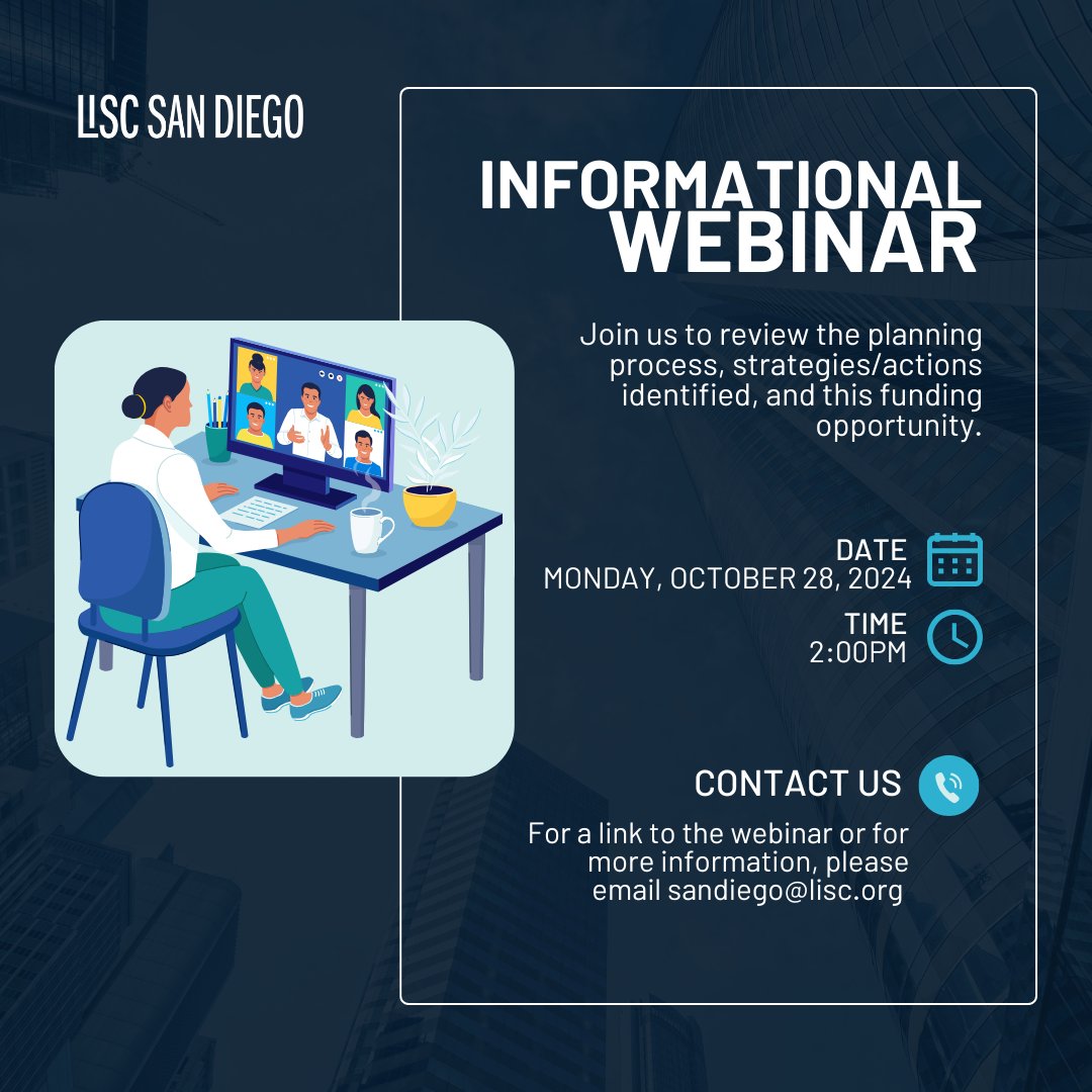 LISC San Diego (@lisc_sd) on Twitter photo Heard about our latest RFP? Want more info? Join us Monday, October 28th at 2:00PM for an informational webinar! For a link to the webinar or for more information, please email sandiego@lisc.org. Heard about our latest RFP? Want more info? Join us Monday, October 28th at 2:00PM for an informational webinar! For a link to the webinar or for more information, please email sandiego@lisc.org.