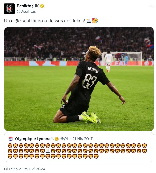 HaberKartali's tweet photo. Beşiktaş, Lyon'un 2017'de oynanan maç sonrası yaptığı paylaşıma cevap verdi:

"Kedilerin arasında yalnız bir kartal! 🦅🥳" https://t.co/DoC1ebfr6b