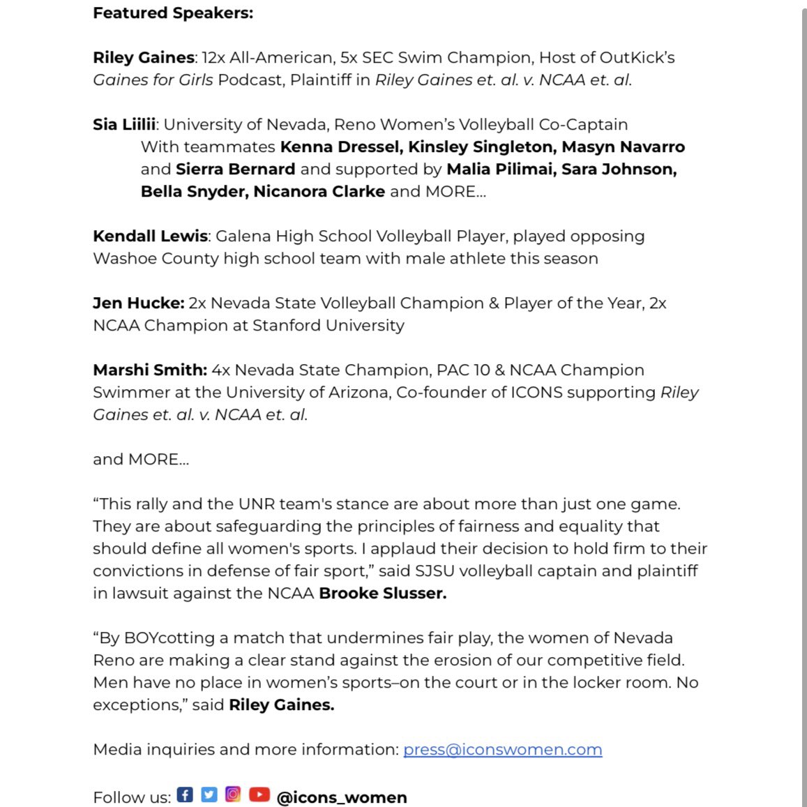 icons_women's tweet image. Women’s Sports are for Women Only‼️

Saturday Reno Rally with @Riley_Gaines_ and the UNR Volleyball team standing up for fair competition for women in sports iconswomen.com/wp-content/upl…