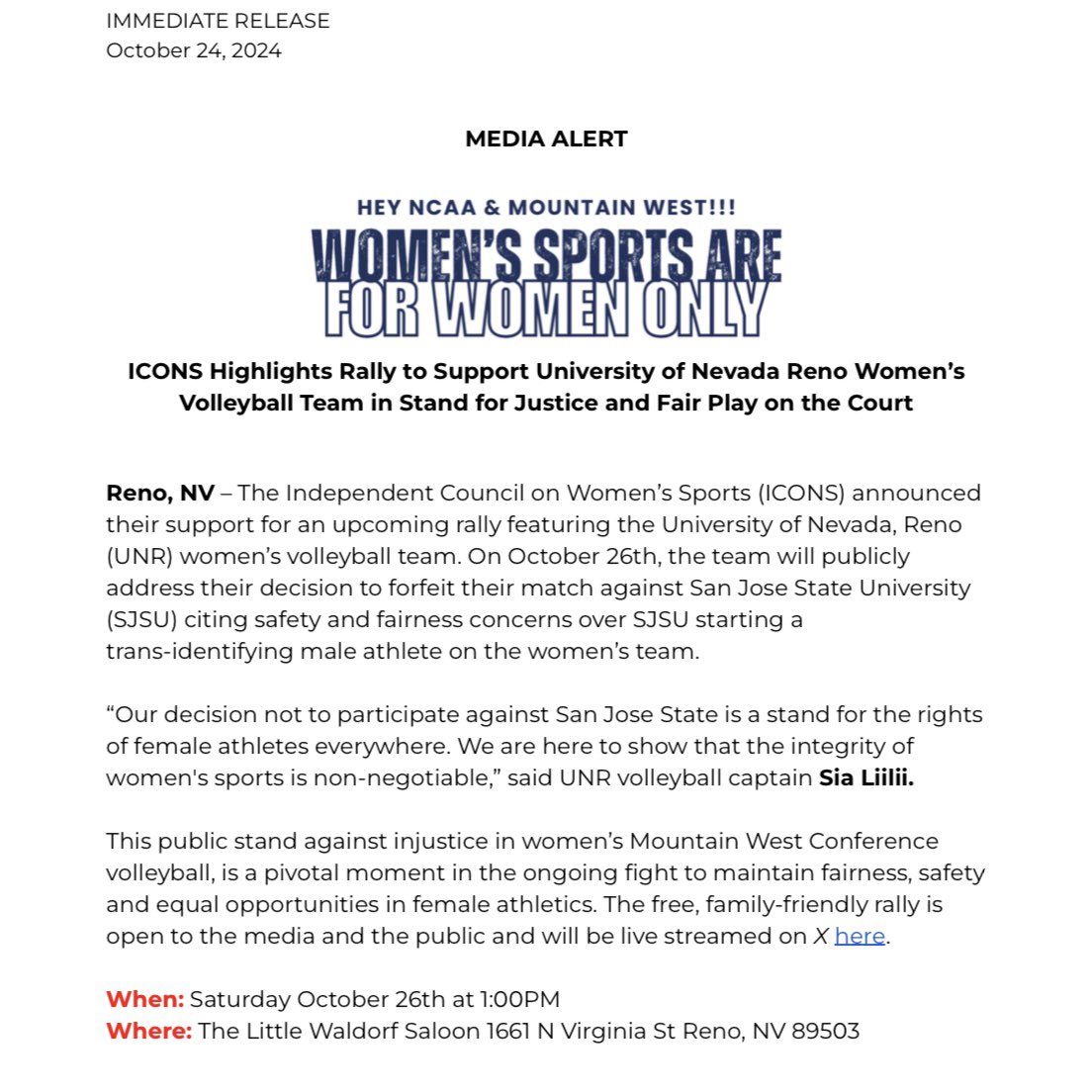 icons_women's tweet image. Women’s Sports are for Women Only‼️

Saturday Reno Rally with @Riley_Gaines_ and the UNR Volleyball team standing up for fair competition for women in sports iconswomen.com/wp-content/upl…