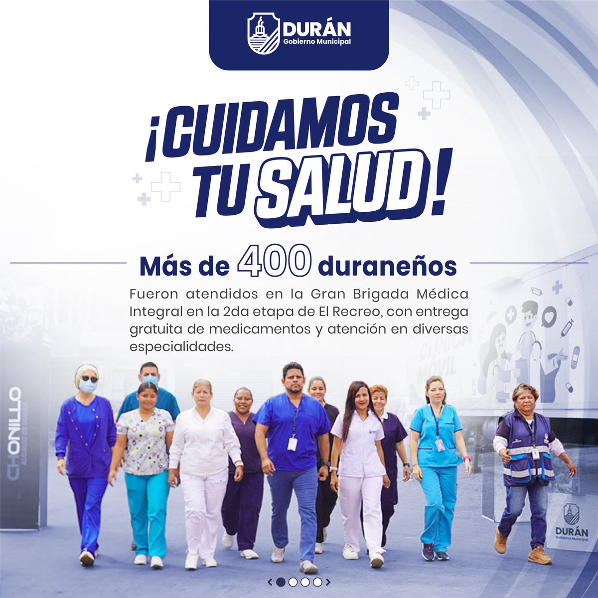 GobiernodeDuran's tweet photo. Esta semana en la segunda etapa de El Recreo, la salud llegó para todos. 

Gracias a nuestro alcalde @CHONILLOec, la Brigada Médica Integral atendió a más de 400 duraneños que recibieron consultas y medicamentos en especialidades como pediatría, nutrición y obstetricia. https://t.co/5FqesGbk16