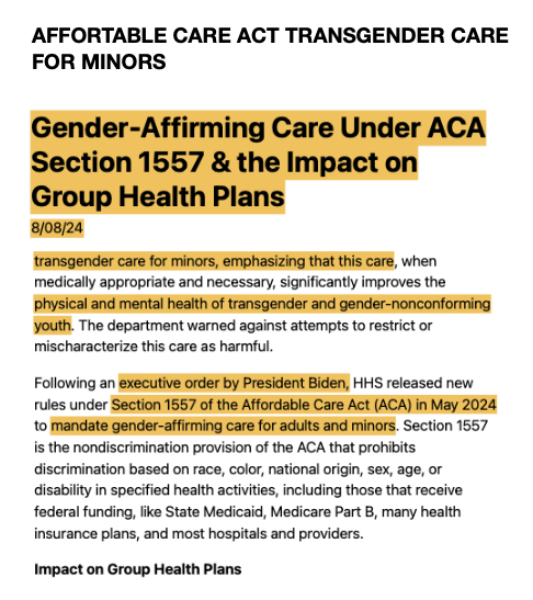 4familyfreedom4's tweet photo. MAY 2024 A EXECUTIVE ORDER BY PRESIDENT BINDEN AFFORDABLE CARE ACT SECTION 1557 MANDATE GENDER-AFFIRMING CARE FOR ADULTS AND MINORS
What is Section 1557?
Section 1557 is the non-discrimination provision of the Affordable Care Act (ACA). Section 1557 prohibits discrimination on the basis of race, color, national origin, sex, AGE, or disability in specified HEALTH PROGRAMS or activities, including those that receive Federal financial assistance.
Nondiscrimination in Health Programs and Activities
A Rule by the Centers for Medicare & Medicaid Services on 05/06/2024

KAMALA’S BELIEVES WE NEED MORE OF THIS, PLANS for OUR CHILDREN GENDER EQUALITY MAKES DEMOCRACY STRONGER, SAYS KAMALA HARRIS
By Reuters July 1, 2021
KAMALA HARRIS SAYS EQUAL OUTCOMES SHOULD BE THE GOAL OF PUBLIC POLICY DIVERSITY, EQUITY, AND INCLUSION ARE THREE CLOSELY LINKED VALUES HELD BY MANY organizations that are working to be supportive of different groups of individuals, including people of different races, ethnicities, religions, abilities, GENDERS, AND SEXUAL ORIENTATIONS.
“OUR TEACHERS ARE VISIONARIES. YOU ARE FOCUSED ON THE FUTURE. The work you do is about a focus on the future. YOU SEE THE POTENTIAL IN EVERY CHILD. You FOSTER IT. You ENCOURAGE IT. And in so doing, you SHAPE THE FUTURE OF OUR NATION, which is why I say: WE NEED YOU SO DESPERATELY RIGHT NOW.”
Harris’ rejection of “Don’t Say LGBTQ” laws:
“And while you TEACH STUDENTS about our nation’s past, these extremists attack the freedom to learn and acknowledge our nation’s true and full history, INCLUDING BOOK BANS,” said Harris. “So, we want to ban assault weapons, and they want to ban books.… Can you imagine? All the while, these extremists also attack the FREEDOM TO LOVE WHO YOU LOVE OPENLY AND WITH PRIDE. They pass so-called “Don’t Say Gay” laws.… Now, I have to tell “And while you… teach students about our nation’s past, these extremists attack the freedom to learn and acknowledge our nation’s true and full history, including book bans,” said Harris. “So, we want to ban assault weapons, and they want to ban books.… Can you imagine? All the while, these extremists also attack the freedom to love who you love openly and with pride. They pass so-called “DON’T SAY GAY” LAWS.… Now, I have to tell you, so many of you may know, in 2004, on Valentine’s Day weekend, I was one of the first elected officials in the country to perform same-sex marriages … So, here’s the thing: It pains me so to think 20 years later that there are some young teachers in their 20s who are afraid to put up a photograph of themselves and their partner for fear they could lose their job. And what is their job? The most noble of work, TEACHING OTHER PEOPLE’S CHILDREN. And God knows we don’t pay you enough as it is. In this moment, we are in a fight for our most fundamental freedoms. And to this room of leaders, I say: Bring it on.”
ACKNOWLEDGING TRANSGENDER PEOPLE AS “PART OF THE FABRIC OF OUR NATION” and highlighting the need for increased mental health support. In the White House’s proclamation on the 2024 TRANSGENDER DAY OF VISIBILITY, PRESIDENT BIDEN said: “Extremists are proposing hundreds of HATEFUL LAWS THAT TARGET AND TERRIFY TRANSGENDER KIDS and their families— SILENCING TEACHERS; banning books; and even threatening parents. ... It is no surprise that the bullying and DISCRIMINATION THAT TRANSGENDER AMERICANS face is worsening our Nation’s mental health crisis, LEADING HALF OF TRANSGENDER YOUTH TO CONSIDER SUICIDE IN THE PAST YEAR. At the same time, an epidemic of violence against transgender women and girls, especially women and girls of color, continues to take too many lives. Let me be clear: All of THESE ATTACKS ARE UN-AMERICAN and must end. No one should have to be brave just to be themselves.” Ending the proclamation, Biden said: “TODAY, WE SEND A MESSAGE TO ALL TRANSGENDER AMERICANS: YOU ARE LOVED. YOU ARE HEARD. YOU ARE UNDERSTOOD. YOU BELONG. YOU ARE AMERICA, AND MY ENTIRE ADMINISTRATION AND I HAVE YOUR BACK.