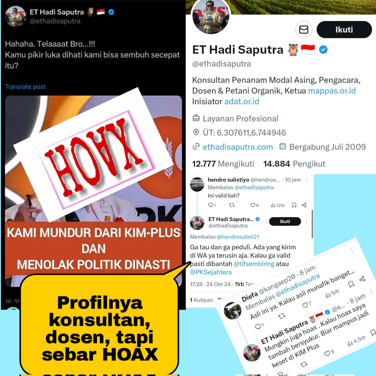enjang_as's tweet photo. Profil nya keren 👍👍
- Konsultan PMA
- Pengacara 
- Dosen
- Petani Organik 

TAPI SEBAR HOAX 😂

Kalau intelektualnya begini..
Gimana kliennya?
Gimana mahasiswanya? https://t.co/ahZNEOUKpP