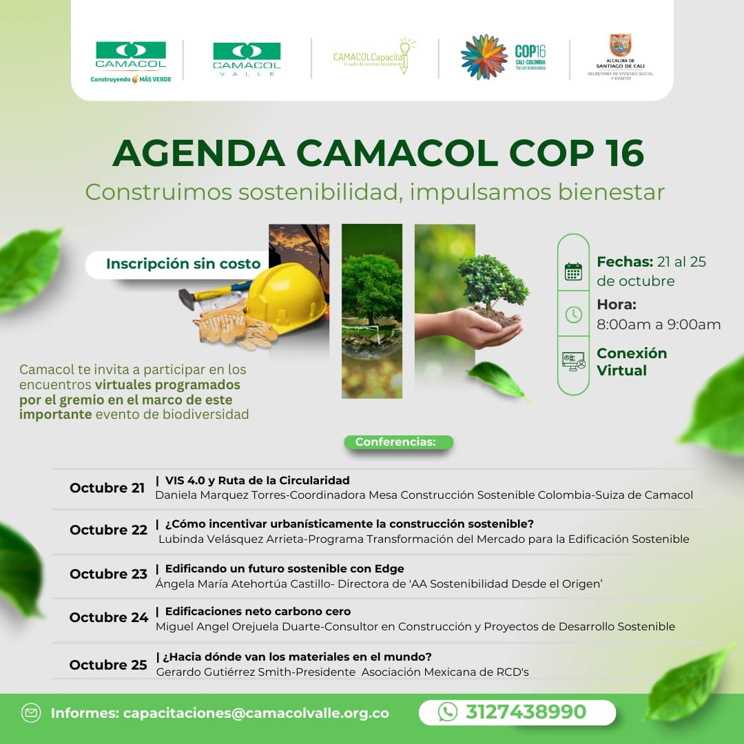 CSMXOficial's tweet photo. Camacol invita en el marco de la COP-16 a nuestra agenda sectorial Virtual del 21 al 25 de octubre de 8 am a 9 am. Agradecemos su inscripción previa. Los esperamos!🌳🪴🌱☘️

Link Agenda Camacol -Cop 16:  https://t.co/Yw000IKtrh https://t.co/QYgl0TKlkF
