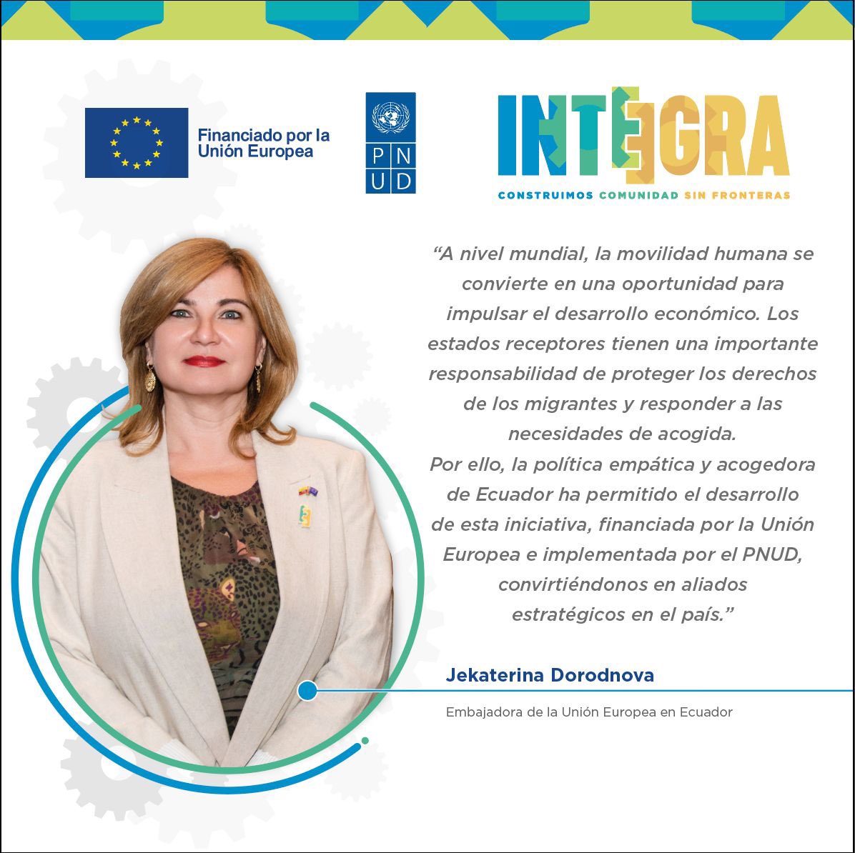 integraecua's tweet photo. Jekaterina Dorodnova, Embajadora de la Unión Europea en Ecuador, destaca la política de puertas abiertas del Ecuador permite a la @UEenecuador ser un aliado para promover la integración.

INTEGRA es una iniciativa implementada por PNUD con apoyo estratégico de la @UEenecuador https://t.co/GNpunHU7Ej