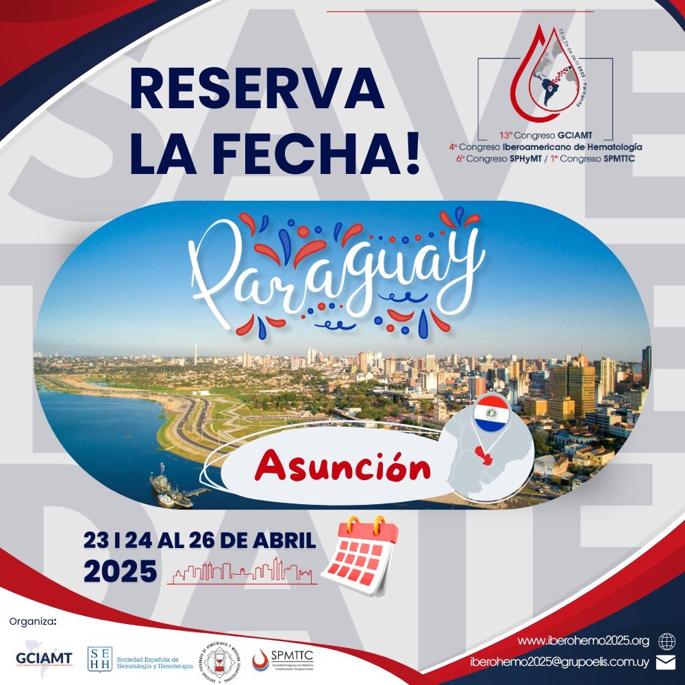 En el LXVI Congreso Nac. de la <a href="/sehh_es/">@sehh_es</a> y el XL Congreso Nac. de la <a href="/SETH__Oficial/">SETH Trombosis y Hemostasia</a> ,uno de los eventos más importantes de la Hematología y Hemoterapia.
 Los invitamos al Congreso *IBEROHEMO 2025*. 

 👉 iberohemo2025.org

<a href="/gciamt_oficial/">GCIAMT</a> 
#IberoHemato2025 
#SPMTTC