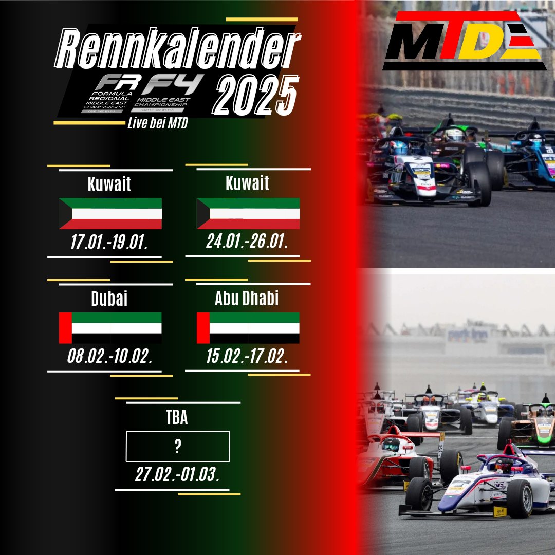 Der Rennkalender 2025 für die FRMEC &amp; der neuen Formel 4 Middle East Championship (ehemalige <a href="/official_f4uae/">F4UAE</a>) wurde veröffentlicht.

Mehr über den Rennkalender &amp; der Namensänderung gibt's auf unserer Webseite (Link in Bio)
#MotorsportTelevisionDE #F4UAE #FRMEC