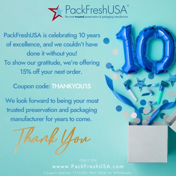 PackFreshUSA's tweet photo. It's our 10th Anniversary, but the gift is for you!

Take 15% off one order with code THANKYOU15.

We couldn't have done it without you!

https://t.co/FfYNViQHZz

#PackFreshUSA #PreserveWithUs #TenYearAnniversary #StartFreshStayFresh #AGiftForYou #LongTermFoodStorage https://t.co/NLFwlfVXyv