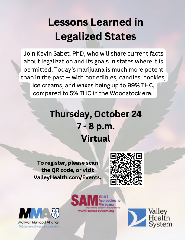 learnaboutsam's tweet image. Tonight at 7 PM, watch our very own Dr. @KevinSabet share important insights on marijuana legalization and the dangers of high-potency products. Scan the QR code or visit ValleyHealth.com/Events to join!

#SAM #DrugPolicy #THCEducation