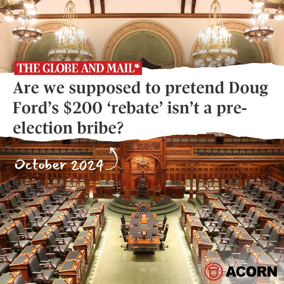 OntarioACORN's tweet photo. Same Doug. Same old bag of tricks.

You know an election is around the corner when @fordnationdougford tries 2 bribe voters with checks in the mail 💸

$200 won't fix Ontario's cost of living crisis or make #housing more affordable.

But full rent control would. #onpoli https://t.co/SOc8OI7qq0