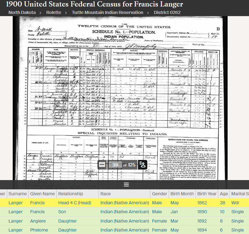 MichifMcKay's tweet image. Today's #LittleShellTribe learning curve taught me that Francois Langan Jr. had his name misspelled as Langer in the 1900 U.S. Census of the Indian Population.

The interpretation of the name Langan takes many forms, leading me to believe the original spelling is likely Langevin.