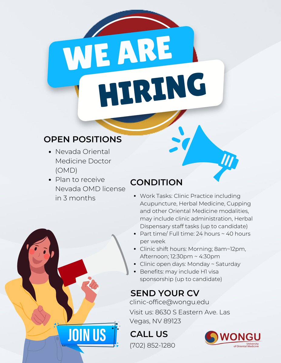 📣 📣 📣 We are hiring for Part time/ Full time OMDs!
instagram.com/p/DBg8kaMyVPi/… 
#nowhiring #lasvegas #nevada #omd #omdlicense #licensedomd #orientalmedicinedoctor #parttime #fulltime #acupuncture #herbalmedicine #cupping #om #tcm #herbaldispensary #h1visa #sponsorship #wongu