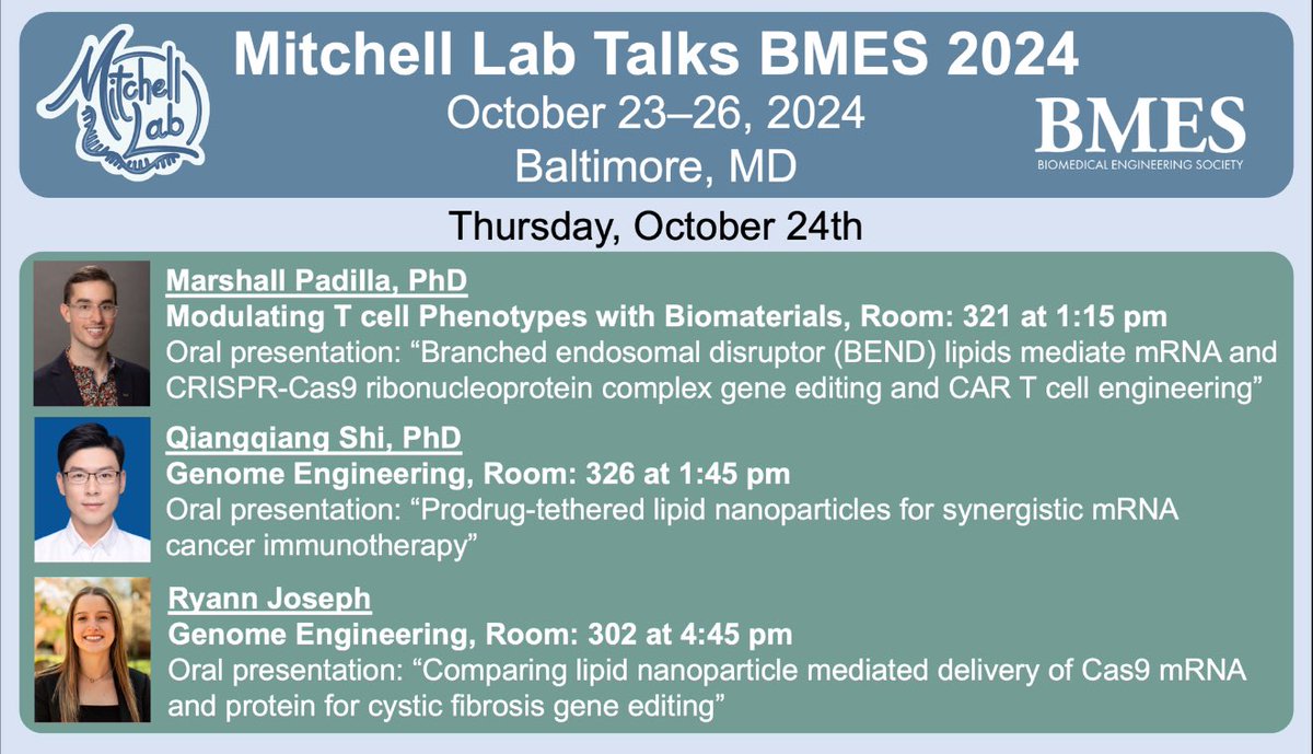 Stacked lineup of talks this afternoon by Marshall Padilla on LNPs for CAR T cell engineering, <a href="/ShiQiangqiang/">Qiangqiang Shi</a> on prodrug LNPs for solid tumor immunotherapy, and <a href="/ryannjoseph_/">ryann joseph</a> on LNPs for cystic fibrosis! Marshall and Ryann are applying for faculty jobs and PhD programs! #BMES2024