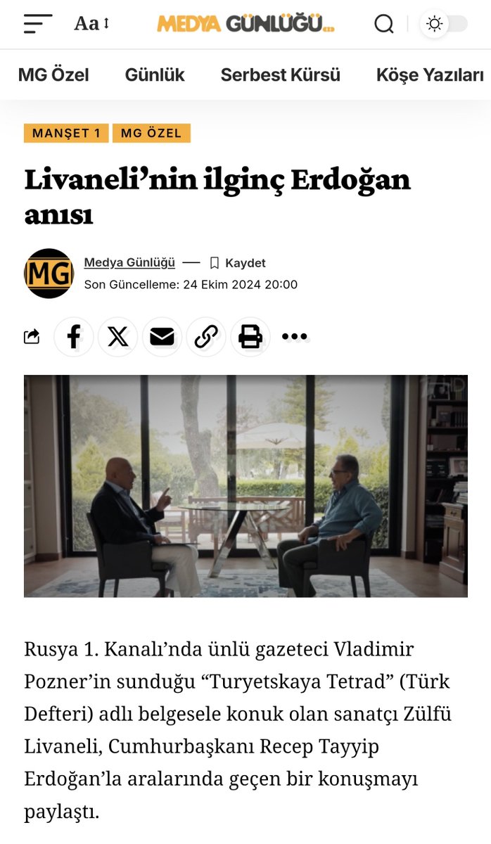 Livaneli anlattı: ERDOĞAN “BİZ ARAP’IZ” DEDİ

Rusya 1. Kanalı’nda ünlü gazeteci Vladimir Pozner’in sunduğu “Turyetskaya Tetrad” (Türk Defteri) adlı belgesele konuk olan sanatçı Zülfü Livaneli, Cumhurbaşkanı Recep Tayyip Erdoğan’la aralarında geçen bir konuşmayı paylaştı.