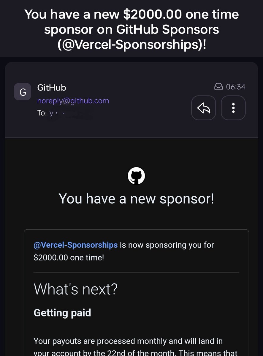 Woke up this morning to a huge surprise in my inbox from GitHub Sponsors and <a href="/vercel/">Vercel</a> 😘 

Thanks a ton <a href="/leeerob/">Lee Robinson</a> and co 🙏
