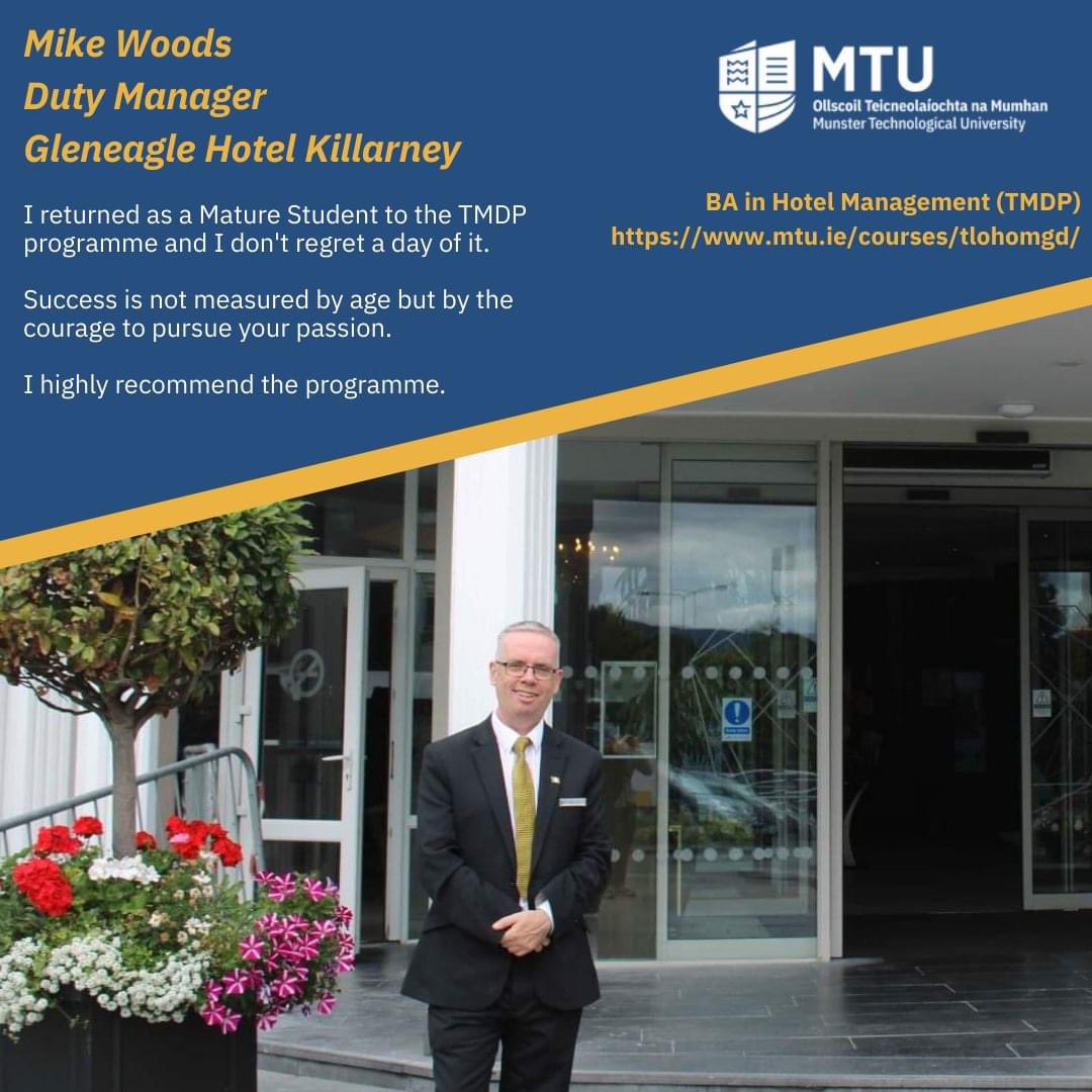 T.J O Connor (@tjoc72) on Twitter photo BA in Hotel Management (TMDP) - Now enrolling for January 2025
Earn and Learn - Block Release Delivery
mtu.ie/courses/tlohom…
Closing Date for Applications: 6th December 2024
First 4 week block commences: 20th January 2025
<a href="/MTU_ie/">Munster Technological University</a> @GleneagleHotel <a href="/IHFcomms/">Irish Hotels Federation</a> BA in Hotel Management (TMDP) - Now enrolling for January 2025
Earn and Learn - Block Release Delivery
mtu.ie/courses/tlohom…
Closing Date for Applications: 6th December 2024
First 4 week block commences: 20th January 2025
<a href="/MTU_ie/">Munster Technological University</a> @GleneagleHotel <a href="/IHFcomms/">Irish Hotels Federation</a>