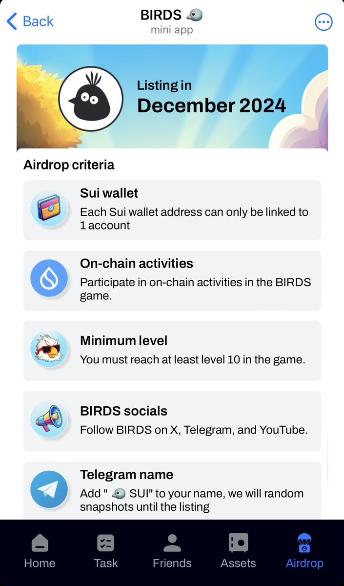 Oc_9999's tweet photo. 🔥 Con Game nuôi chim #BIRDS trên Telegram được Chính chủ Sui Network shill. Không mới nhưng còn rất nhiều thời gian để ae mình cày. Thông tin tháng 12 list.👇
https://t.co/vkbzUiCFTI
Xong Kết nối tài khoản X, làm các Task để nhận thêm điểm, tạo ví Sui. https://t.co/HdqGym4DEa