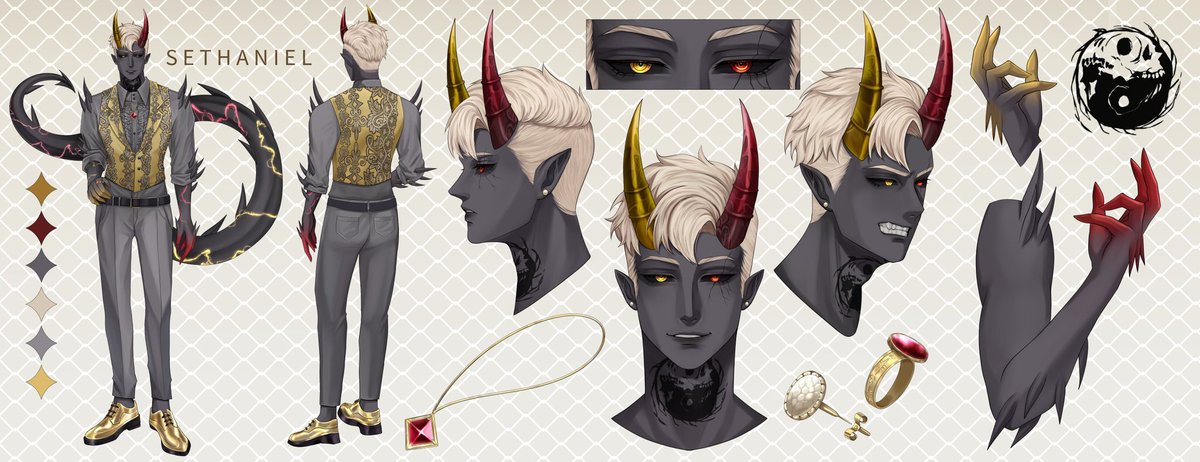 SethanielVT's tweet image. My reference sheet is finally here!

Hey, I'm Seth!
I'm a Raiju Demon Vtuber, and variety streamer! I'm a metalhead, horror lover, and D&amp;amp;D nerd! 
Nice to meet you!

Twitch: twitch.tv/Sethaniel
Art Tag: #SethAnArt
Art By: @/clraaaaae

#ENVtuber #Vtuber