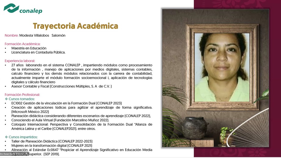 Reconocemos y agradecemos la labor que realizó la docente Modesta Villalobos  del Plantel Dr. Víctor Bravo Ahuja 157 por ser ponente en el tema “Captura De Un Módulo Del Curriculum Laboral” en la sesión en vivo (Planeación Didáctica Modelo Académico 2023) nodo Centro Golfo Istmo.